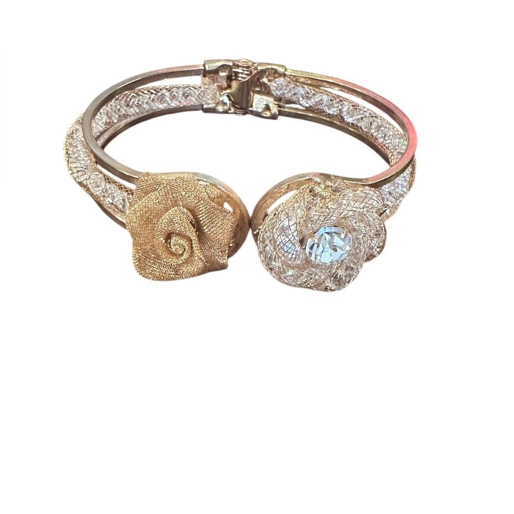 Mixed Metal Mesh Rose Floral Rhinestone Hinged Cuff Bracelet